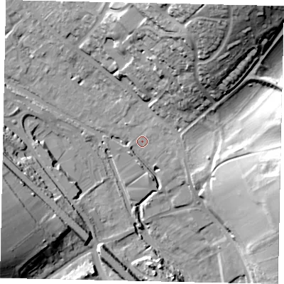 Shaded relief map of the ground around HP39GU, computed from Environment Agency LiDAR. The ground here sits at about 76 m above sea level and falls 35 m across the surrounding 800 m. Surface water reaching this point runs off ground lying to the east-south-east, 0.8 m higher.