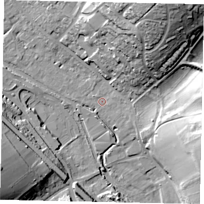 Shaded relief map of the ground around HP39GX, computed from Environment Agency LiDAR. The ground here sits at about 75 m above sea level and falls 37 m across the surrounding 800 m. Surface water reaching this point runs off ground lying to the north-north-east, 33.5 m higher.