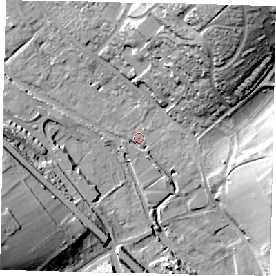Shaded relief map of the ground around HP39GY, computed from Environment Agency LiDAR. The ground here sits at about 75 m above sea level and falls 37 m across the surrounding 800 m. Surface water reaching this point runs off ground lying to the north-east, 34.4 m higher.