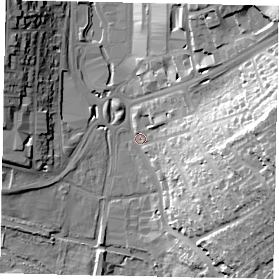 Shaded relief map of the ground around HP39HH, computed from Environment Agency LiDAR. The ground here sits at about 81 m above sea level and falls 39 m across the surrounding 800 m. Surface water reaching this point runs off ground lying to the east, 35.1 m higher.