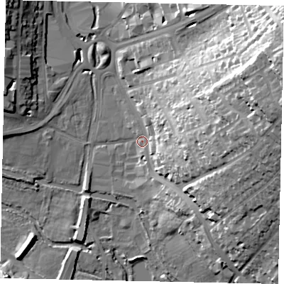 Shaded relief map of the ground around HP39HN, computed from Environment Agency LiDAR. The ground here sits at about 82 m above sea level and falls 42 m across the surrounding 800 m. Surface water reaching this point runs off ground lying to the east-north-east, 35.9 m higher.