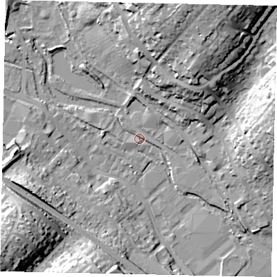 Shaded relief map of the ground around HP39RF, computed from Environment Agency LiDAR. The ground here sits at about 78 m above sea level and falls 37 m across the surrounding 800 m. Surface water reaching this point runs off ground lying to the north-north-east, 26.4 m higher.