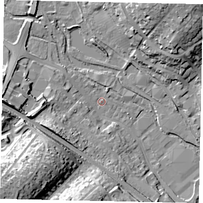 Shaded relief map of the ground around HP39RG, computed from Environment Agency LiDAR. The ground here sits at about 79 m above sea level and falls 46 m across the surrounding 800 m. Surface water reaching this point runs off ground lying to the west, 18.0 m higher.