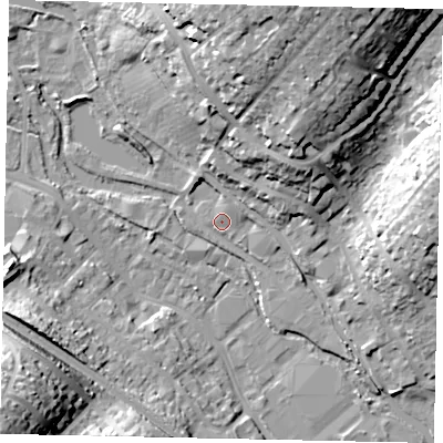 Shaded relief map of the ground around HP39RJ, computed from Environment Agency LiDAR. The ground here sits at about 79 m above sea level and falls 34 m across the surrounding 800 m. Surface water reaching this point runs off ground lying to the north-north-east, 26.8 m higher.