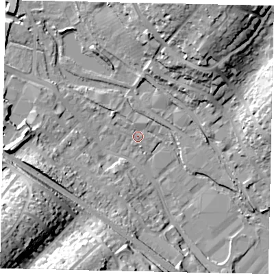 Shaded relief map of the ground around HP39RP, computed from Environment Agency LiDAR. The ground here sits at about 79 m above sea level and falls 40 m across the surrounding 800 m. Surface water reaching this point runs off ground lying to the north-west, 2.0 m higher.
