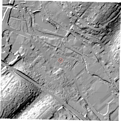 Shaded relief map of the ground around HP39RQ, computed from Environment Agency LiDAR. The ground here sits at about 78 m above sea level and falls 44 m across the surrounding 800 m. Surface water reaching this point runs off ground lying to the west, 17.2 m higher.