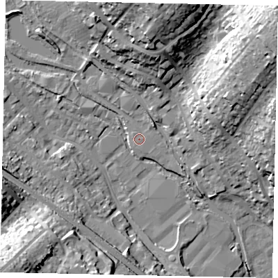 Shaded relief map of the ground around HP39RW, computed from Environment Agency LiDAR. The ground here sits at about 79 m above sea level and falls 38 m across the surrounding 800 m. Surface water reaching this point runs off ground lying to the north-east, 2.3 m higher.