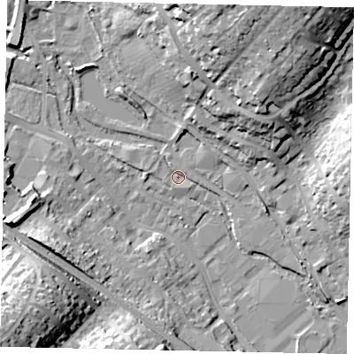 Shaded relief map of the ground around HP39RY, computed from Environment Agency LiDAR. The ground here sits at about 78 m above sea level and falls 39 m across the surrounding 800 m. Surface water reaching this point runs off ground lying to the north-east, 27.1 m higher.