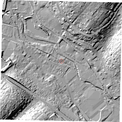 Shaded relief map of the ground around HP39RZ, computed from Environment Agency LiDAR. The ground here sits at about 79 m above sea level and falls 39 m across the surrounding 800 m. Surface water reaching this point runs off ground lying to the west-north-west, 2.1 m higher.