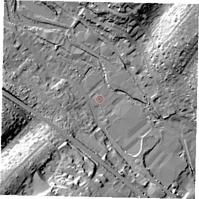 Shaded relief map of the ground around HP39SA, computed from Environment Agency LiDAR. The ground here sits at about 78 m above sea level and falls 45 m across the surrounding 800 m. Surface water reaching this point runs off ground lying to the south-west, 42.9 m higher.