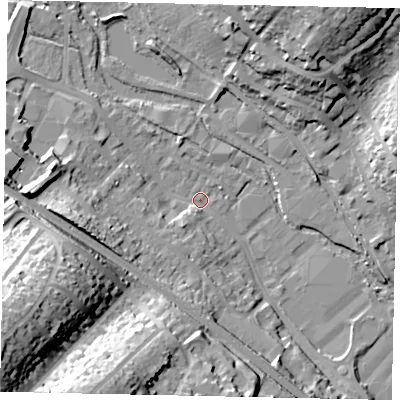 Shaded relief map of the ground around HP39SB, computed from Environment Agency LiDAR. The ground here sits at about 78 m above sea level and falls 43 m across the surrounding 800 m. Surface water reaching this point runs off ground lying to the west, 17.5 m higher.
