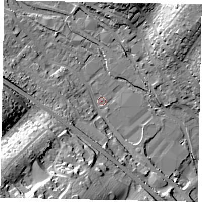 Shaded relief map of the ground around HP39SR, computed from Environment Agency LiDAR. The ground here sits at about 78 m above sea level and falls 47 m across the surrounding 800 m. Surface water reaching this point runs off ground lying to the south-west, 44.8 m higher.