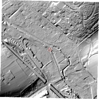 Shaded relief map of the ground around HP39TF, computed from Environment Agency LiDAR. The ground here sits at about 75 m above sea level and falls 34 m across the surrounding 800 m. Surface water reaching this point runs off ground lying to the north-east, 32.0 m higher.