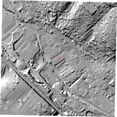 Shaded relief map of the ground around HP39WN, computed from Environment Agency LiDAR. The ground here sits at about 76 m above sea level and falls 45 m across the surrounding 800 m. Surface water reaching this point runs off ground lying to the north-north-east, 26.4 m higher.