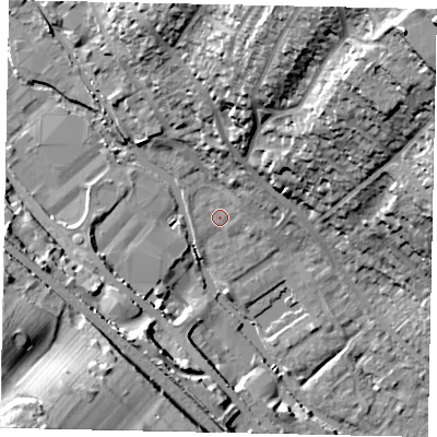 Shaded relief map of the ground around HP39WS, computed from Environment Agency LiDAR. The ground here sits at about 77 m above sea level and falls 40 m across the surrounding 800 m. Surface water reaching this point runs off ground lying to the north, 7.2 m higher.