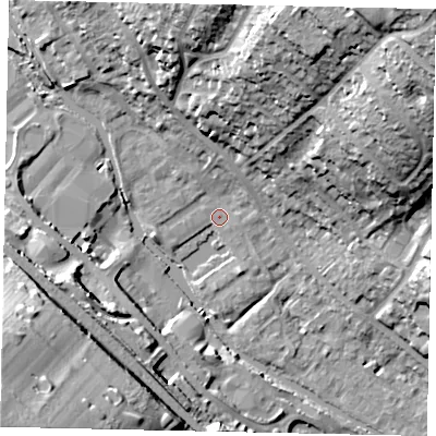 Shaded relief map of the ground around HP39WU, computed from Environment Agency LiDAR. The ground here sits at about 76 m above sea level and falls 40 m across the surrounding 800 m. Surface water reaching this point runs off ground lying to the north-north-east, 27.8 m higher.