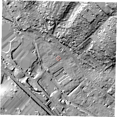 Shaded relief map of the ground around HP39WW, computed from Environment Agency LiDAR. The ground here sits at about 77 m above sea level and falls 40 m across the surrounding 800 m. Surface water reaching this point runs off ground lying to the north-north-east, 28.9 m higher.