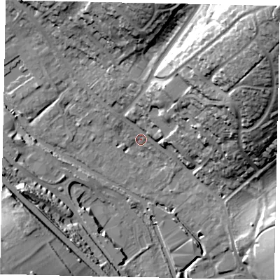 Shaded relief map of the ground around HP39XB, computed from Environment Agency LiDAR. The ground here sits at about 76 m above sea level and falls 46 m across the surrounding 800 m. Surface water reaching this point runs off ground lying to the north-east, 40.6 m higher.