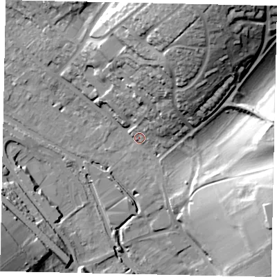 Shaded relief map of the ground around HP39XE, computed from Environment Agency LiDAR. The ground here sits at about 78 m above sea level and falls 41 m across the surrounding 800 m. Surface water reaching this point runs off ground lying to the north-north-east, 22.0 m higher.
