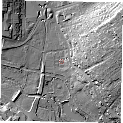 Shaded relief map of the ground around HP39XY, computed from Environment Agency LiDAR. The ground here sits at about 81 m above sea level and falls 40 m across the surrounding 800 m. Surface water reaching this point runs off ground lying to the east-south-east, 3.9 m higher.