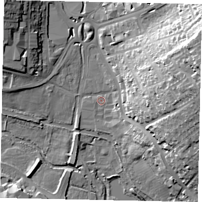 Shaded relief map of the ground around HP39YT, computed from Environment Agency LiDAR. The ground here sits at about 80 m above sea level and falls 38 m across the surrounding 800 m. Surface water reaching this point runs off ground lying to the east, 31.5 m higher.