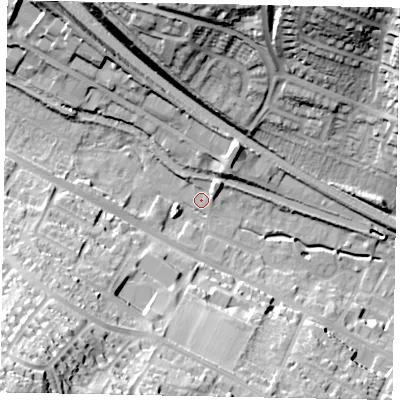 Shaded relief map of the ground around HP41DP, computed from Environment Agency LiDAR. The ground here sits at about 107 m above sea level and falls 50 m across the surrounding 800 m. Surface water reaching this point runs off ground lying to the south-west, 37.4 m higher.