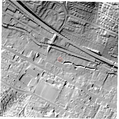 Shaded relief map of the ground around HP41DW, computed from Environment Agency LiDAR. The ground here sits at about 107 m above sea level and falls 44 m across the surrounding 800 m. Surface water reaching this point runs off ground lying to the south-west, 42.9 m higher.