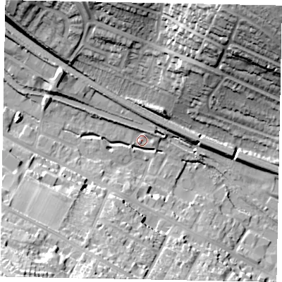 Shaded relief map of the ground around HP41FE, computed from Environment Agency LiDAR. The ground here sits at about 107 m above sea level and falls 49 m across the surrounding 800 m. Surface water reaching this point runs off ground lying to the south-west, 38.8 m higher.