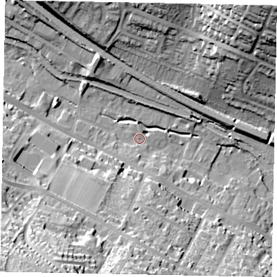 Shaded relief map of the ground around HP41FG, computed from Environment Agency LiDAR. The ground here sits at about 107 m above sea level and falls 50 m across the surrounding 800 m. Surface water reaching this point runs off ground lying to the south-south-west, 2.8 m higher.