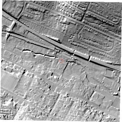Shaded relief map of the ground around HP41SX, computed from Environment Agency LiDAR. The ground here sits at about 106 m above sea level and falls 46 m across the surrounding 800 m. Surface water reaching this point runs off ground lying to the south-west, 20.9 m higher.