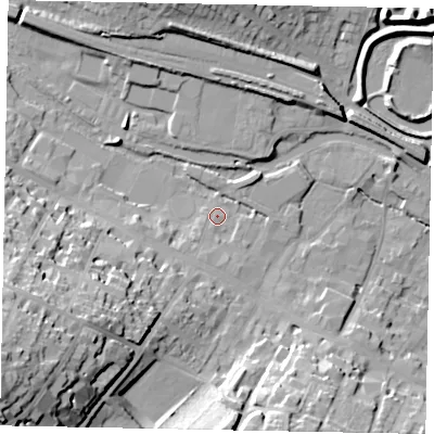 Shaded relief map of the ground around HP42AB, computed from Environment Agency LiDAR. The ground here sits at about 105 m above sea level and falls 41 m across the surrounding 800 m. Surface water reaching this point runs off ground lying to the south-west, 20.0 m higher.