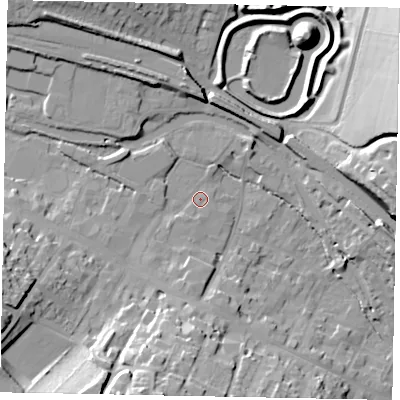 Shaded relief map of the ground around HP42BA, computed from Environment Agency LiDAR. The ground here sits at about 103 m above sea level and falls 30 m across the surrounding 800 m. Surface water reaching this point runs off ground lying to the south-south-west, 26.9 m higher.
