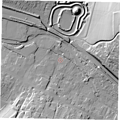 Shaded relief map of the ground around HP42DW, computed from Environment Agency LiDAR. The ground here sits at about 102 m above sea level and falls 44 m across the surrounding 800 m. Surface water reaching this point runs off ground lying to the south-south-west, 29.1 m higher.