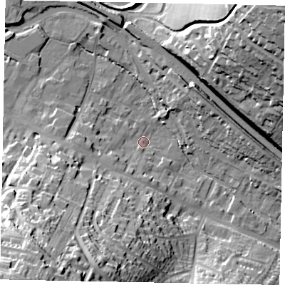 Shaded relief map of the ground around HP42DX, computed from Environment Agency LiDAR. The ground here sits at about 102 m above sea level and falls 53 m across the surrounding 800 m. Surface water reaching this point runs off ground lying to the south-south-west, 34.9 m higher.