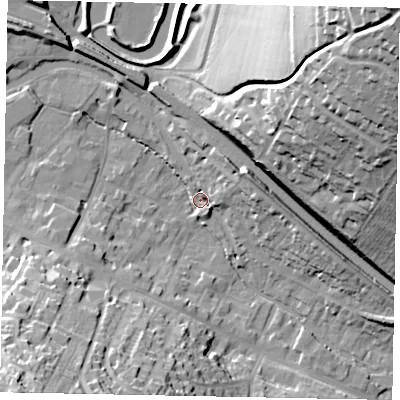 Shaded relief map of the ground around HP42DZ, computed from Environment Agency LiDAR. The ground here sits at about 103 m above sea level and falls 59 m across the surrounding 800 m. Surface water reaching this point runs off ground lying to the south-west, 43.5 m higher.