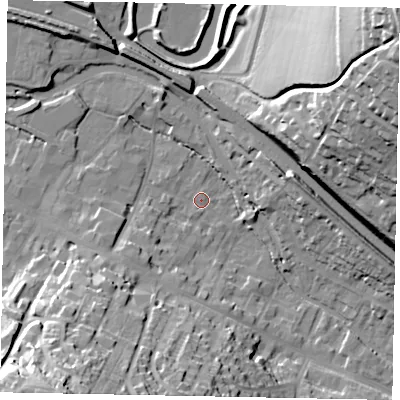 Shaded relief map of the ground around HP42EA, computed from Environment Agency LiDAR. The ground here sits at about 102 m above sea level and falls 54 m across the surrounding 800 m. Surface water reaching this point runs off ground lying to the west, 3.0 m higher.