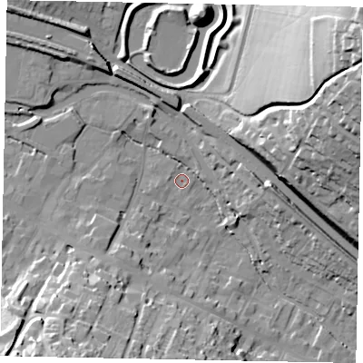 Shaded relief map of the ground around HP42EB, computed from Environment Agency LiDAR. The ground here sits at about 101 m above sea level and falls 54 m across the surrounding 800 m. Surface water reaching this point runs off ground lying to the west-south-west, 1.3 m higher.