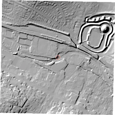 Shaded relief map of the ground around HP42FN, computed from Environment Agency LiDAR. The ground here sits at about 105 m above sea level and falls 34 m across the surrounding 800 m. Surface water reaching this point runs off ground lying to the north-north-west, 7.2 m higher.
