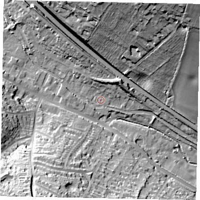 Shaded relief map of the ground around HP42HA, computed from Environment Agency LiDAR. The ground here sits at about 100 m above sea level and falls 50 m across the surrounding 800 m. Surface water reaching this point runs off ground lying to the south-west, 45.9 m higher.