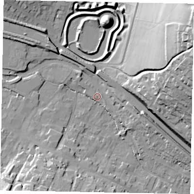 Shaded relief map of the ground around HP42JE, computed from Environment Agency LiDAR. The ground here sits at about 103 m above sea level and falls 55 m across the surrounding 800 m. Surface water reaching this point runs off ground lying to the south-west, 26.7 m higher.