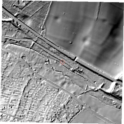 Shaded relief map of the ground around HP42NS, computed from Environment Agency LiDAR. The ground here sits at about 99 m above sea level and falls 52 m across the surrounding 800 m. Surface water reaching this point runs off ground lying to the north-west, 8.2 m higher.