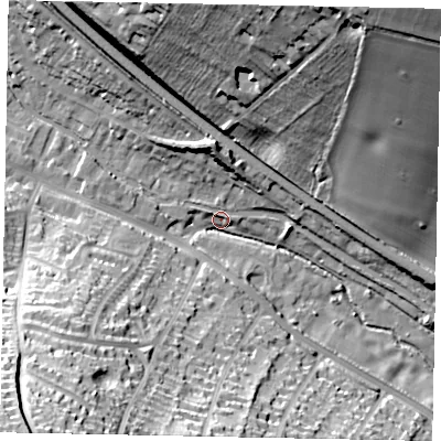 Shaded relief map of the ground around HP42NT, computed from Environment Agency LiDAR. The ground here sits at about 99 m above sea level and falls 53 m across the surrounding 800 m. Surface water reaching this point runs off ground lying to the south-west, 47.0 m higher.