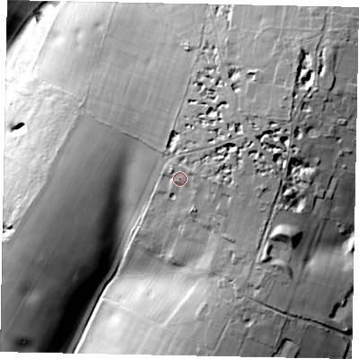 Shaded relief map of the ground around HP42RS, computed from Environment Agency LiDAR. The ground here sits at about 167 m above sea level and falls 42 m across the surrounding 800 m. Surface water reaching this point runs off ground lying to the east, 3.1 m higher.