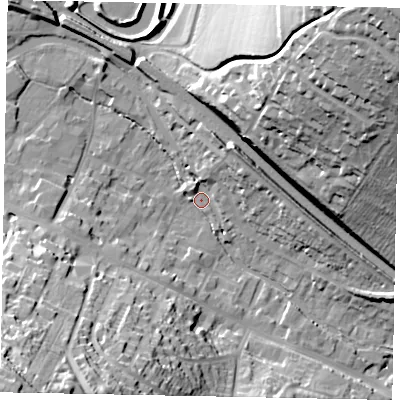 Shaded relief map of the ground around HP42UA, computed from Environment Agency LiDAR. The ground here sits at about 102 m above sea level and falls 60 m across the surrounding 800 m. Surface water reaching this point runs off ground lying to the south-west, 46.0 m higher.