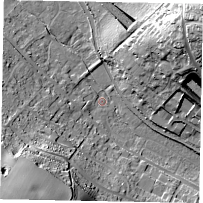 Shaded relief map of the ground around HP43QW, computed from Environment Agency LiDAR. The ground here sits at about 110 m above sea level and falls 58 m across the surrounding 800 m. Surface water reaching this point runs off ground lying to the west, 4.8 m higher.