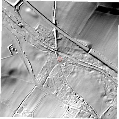Shaded relief map of the ground around HP43TF, computed from Environment Agency LiDAR. The ground here sits at about 114 m above sea level and falls 41 m across the surrounding 800 m. Surface water reaching this point runs off ground lying to the west, 14.2 m higher.