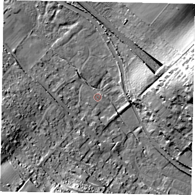 Shaded relief map of the ground around HP43XA, computed from Environment Agency LiDAR. The ground here sits at about 111 m above sea level and falls 50 m across the surrounding 800 m. Surface water reaching this point runs off ground lying to the south-west, 47.5 m higher.