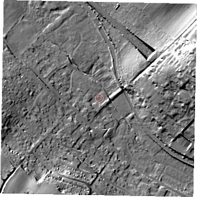 Shaded relief map of the ground around HP43XD, computed from Environment Agency LiDAR. The ground here sits at about 111 m above sea level and falls 53 m across the surrounding 800 m. Surface water reaching this point runs off ground lying to the south-west, 48.6 m higher.