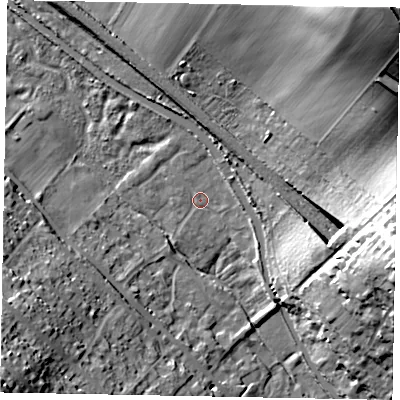 Shaded relief map of the ground around HP43XH, computed from Environment Agency LiDAR. The ground here sits at about 112 m above sea level and falls 48 m across the surrounding 800 m. Surface water reaching this point runs off ground lying to the north-north-east, 3.9 m higher.