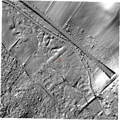 Shaded relief map of the ground around HP43XP, computed from Environment Agency LiDAR. The ground here sits at about 111 m above sea level and falls 45 m across the surrounding 800 m. Surface water reaching this point runs off ground lying to the north, 5.0 m higher.